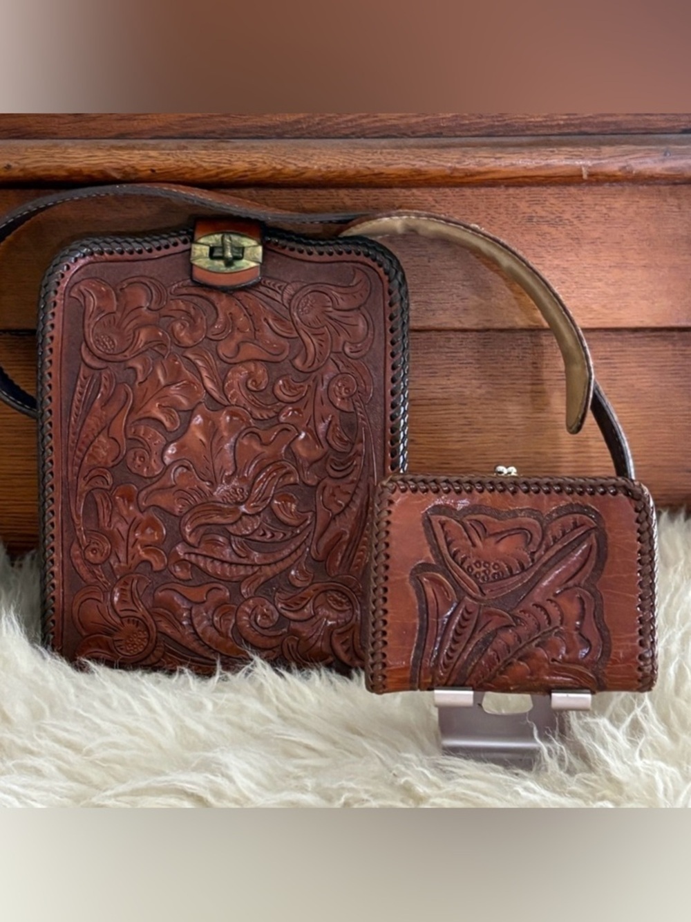 Embossed Handmade Brown Leather Shoulder Bag and Wallet Set Personalized